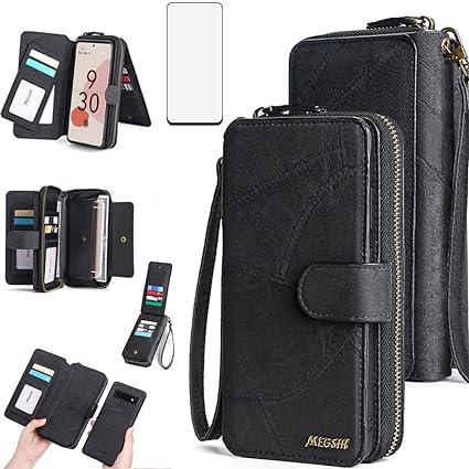 Asuwish Phone Case for Google Pixel 6 Pro Zipper Wallet Detachable Cover with Screen Protector and Leather Flip Mirror Card Holder Slot Cell Pixel6Pro Pixel6 XL 6XL Pixle 6Pro 5G Women Men Black