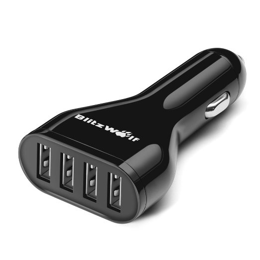 4 Port USB Car Charger BlitzWolf 96A48W 24A Max Each Auto Charger with Power3S Tech for iPhone 6 6s Plus iPad Air Pro Samsung Galaxy Note Nexus HTC M8 M9 Black