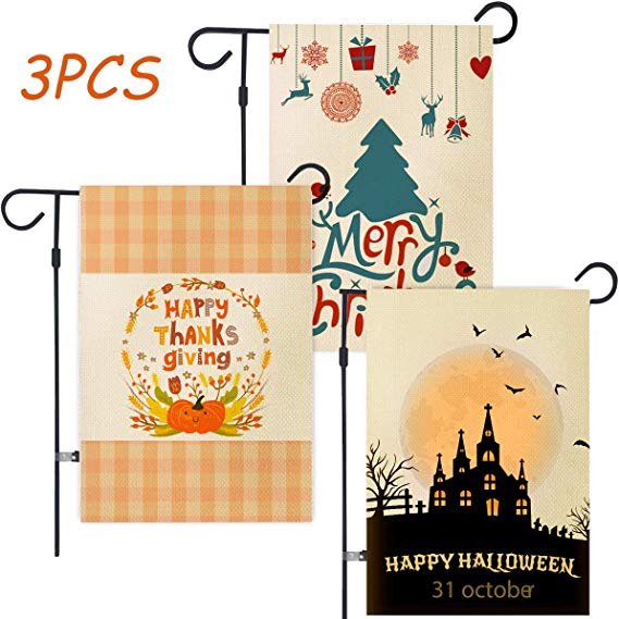 Halloween Thanksgiving Merry Christmas Garden Flags 3 Pack Upgrade Double Side Different Pattern Yard Flags 12 x 18 Inch for Home Garden Yard Outdoor Decoration