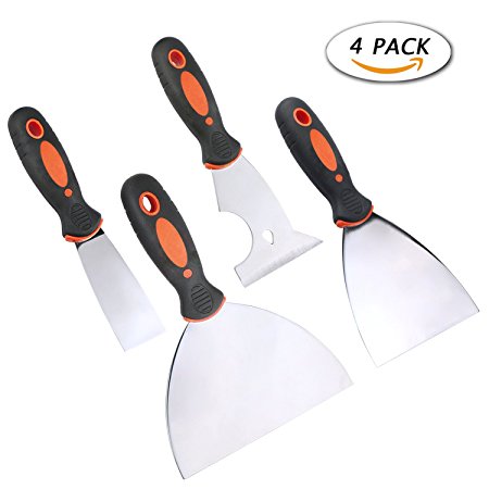 Unime 4 PCS Stainless Steel Putty Knife and Scrapper Set, Includes 1-1/2 Inch Stiff Putty Knife, 2-4/5 Inch 9-in-1 Putty Knife, 4 Inch Flexible Steel Taping Knife, 6 Inch Drywall Taping Knife