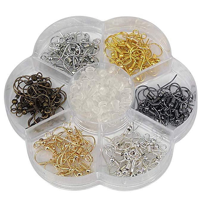 Chenkou Craft 120pcs Fish Earring Hooks Ear Wires with 120pcs Earring Backs 18MM Hypo Allergenic Surgical Steel with Ball and Coil Mixed Color (Mix, 18mm)