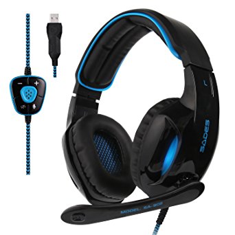 Sades SA902 Blue PC Gaming Headset USB 7.1 Surround Sound Headset Over-ear Headphones with Microphone for PC / Mac / Laptop (Black/Blue)