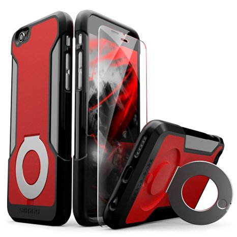 iPhone 6 Case, iPhone 6s Case, Black Red SaharaCase® Kickstand Protective Kit *Bonus Tempered Glass Screen Protector* [Ring Grip Stand] Phone Holder [Rugged Slim] Shock-Absorbing Bumper (Black/Red)