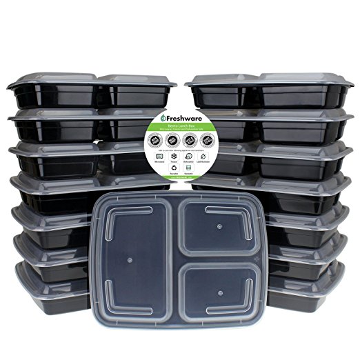 Freshware YH-3X15 15-Piece 3-Compartments Bento Lunch Box with Lids Set, 32 oz, Black