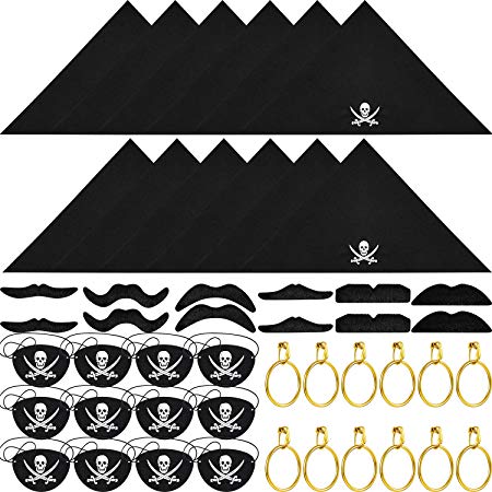 Tatuo 48 Pieces Captain Pirate Costume Accessories, Including Pirate Eye Patches, Pirate Bandana, Pirate Gold Earrings, Pirate Fake Moustache for Halloween Children Party Favors