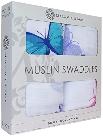 Margaux & May Baby Muslin Baby Swaddle Blankets "Butterflies" 47 x 47 inches Ultra Soft Muslin Blankets - Perfect Baby Shower Gift (Butterflies)