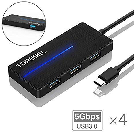USB C Hub, TOPESEL USB Type-C Adapter with 4 USB 3.0 Ports for MacBook Pro, Google Chromebook Pixel and More USB C Device, Black