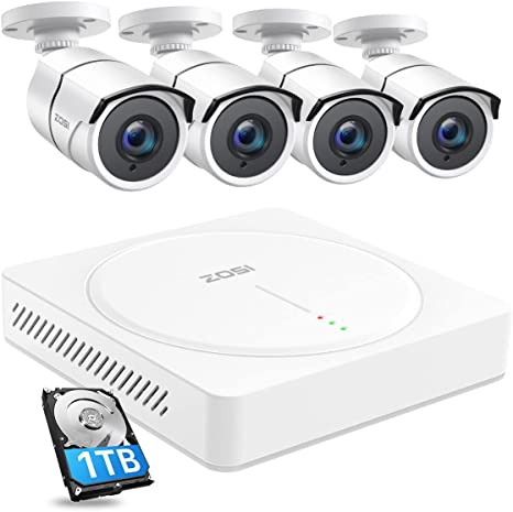 ZOSI H.265  8CH Security Camera System with Audio,5MP Lite CCTV DVR Recorder with Hard Drive 1TB,4pcs 1920TVL 1080P 2MP Audio Outdoor Indoor Cameras,120ft Night Vision, for 24/7 Video Audio Recording