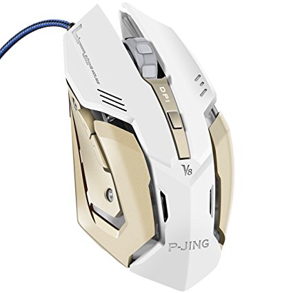 Gaming Mouse, P-JING Professional Optical Game Mice Ergonomic USB Wired with 3200 DPI and 6 Buttons 4 Shooting LED Colors for Pro Game PC Computer Laptop Desktop Mac (White)