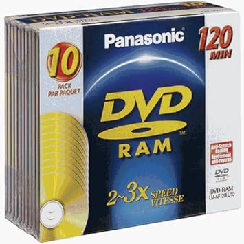 Panasonic DVD-RAM Disc for Video Recording, Non-Cartridge Style, 120 Minutes, 4.7 GB, 10 Pack, 2-3x-Speed