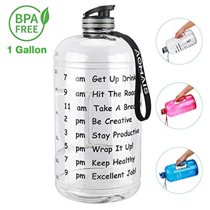 AOMAIS Gallon Water Bottle with Motivational Time Marker, Large 128 oz, Leak-Proof, Wide Mouth, BPA Free Water Bottles for Sports Gym Fitness Work