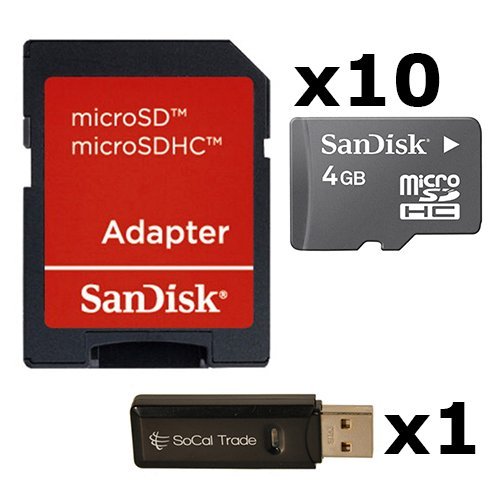 10 PACK - SanDisk 4GB MicroSD HC Memory Card SDSDQAB-004G (Bulk Packaging) LOT OF 10 with SD Adapter and SoCal Trade USB 2.0 MicoSD & SD Memory Card Reader