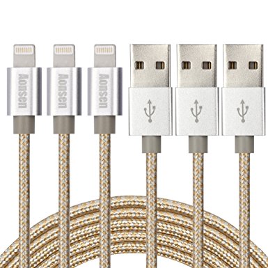 Aonsen Lightning Cable,3Pack 6FT Nylon Braided 8 Pin iPhone Cord,Charge and Sync for iPhone 6/6 Plus/6s/6s Plus/5/5c/5s,iPad 4 Mini Air (Gold)