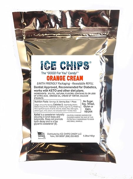 ICE CHIPS Xylitol Candy in Large 5.28 oz Resealable Pouch; Low Carb & Gluten Free (Orange Cream)