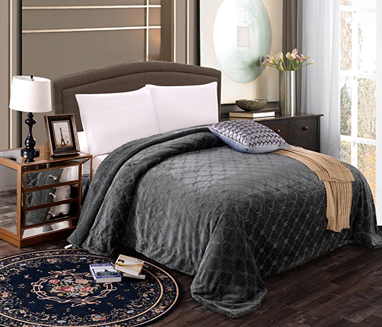 MK Home Queen/King Solid Embossed Blanket Bedspread with Sherpa Backing Reversible Cover, Grey