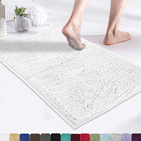 MAYSHINE 17x24 Inches Non-Slip Bathroom Rug Shag Shower Mat Machine Washable Bath Mats with Water Absorbent Soft Microfibers of White