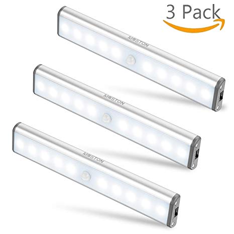 Moston USB Rechargeable Magnetic Motion Sensor Under Cabinet Light,10 LED Cordless Closet Lighting,Auto On/Off Sensing Night Lights,Stick-on Anywhere for Cupboard,Wardrobe(Silver Aluminium,3 Pack)