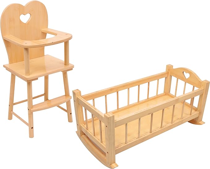 SET OF Dolls Wooden Rocking Cradle Cot Bed and Matching Doll's Feeding High Chair Toy