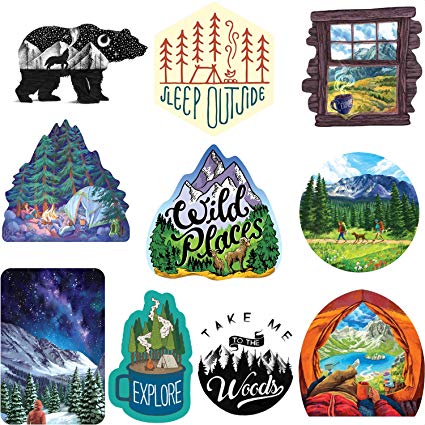 Wilderness Nature Sticker Art Pack - 10 pcs - mountain tough outdoor stickers, waterproof vinyl.