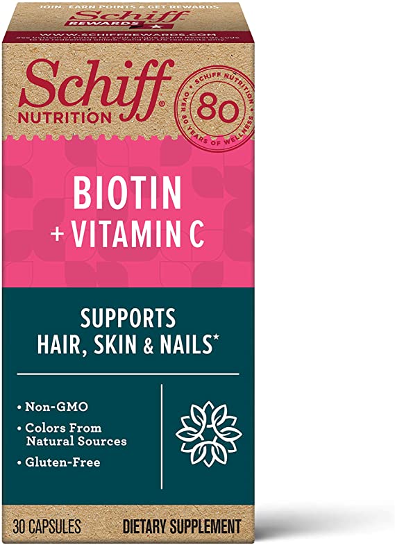 Biotin & Vitamin C Capsules, Schiff (30 count in a bottle), Gluten-Free & Non-GMO Supplement That Helps Support Hair, Skin & Nails, Supports Natural Collagen Production, Supports A Healthy Appearance٭