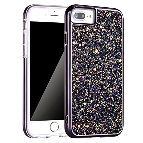 iPhone 7 Plus Case, [Free Screen Protector] Bling Glitter Dual Layer Shockproof Hard PC Back Soft TPU Inner Protective Cover Case with Sling Lanyard Strap for Apple iPhone 7 Plus 5.5 Inch (Black)