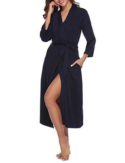 Abollria Women Kimono Robes Cotton Long Bathrobe Lightweight Sleepwear Soft Lounge Robe with Pocket