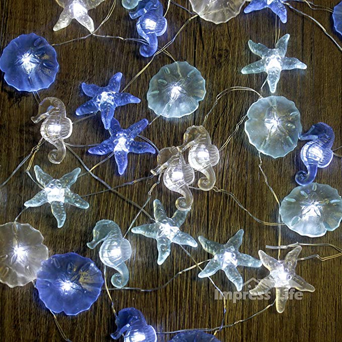 Impress Life Seahorse Sand Dollar Starfish Beach Decorative String Lights, Under the Sea Nautical Theme Lights Battery&USB Plug In Operated 10ft 30 LEDs for Covered Outdoor Ocean Bedroom Wedding Party