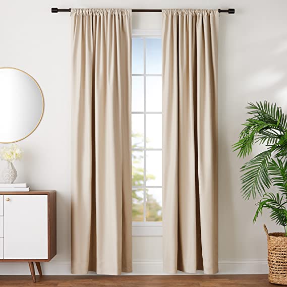 AmazonBasics Room Darkening Blackout Window Curtains with Tie Backs Set, 52" x 96", Beige