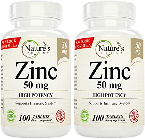 Nature's Potent Zinc 50mg Supplement, High Potency (2 Pack / 100 Tablets Each)