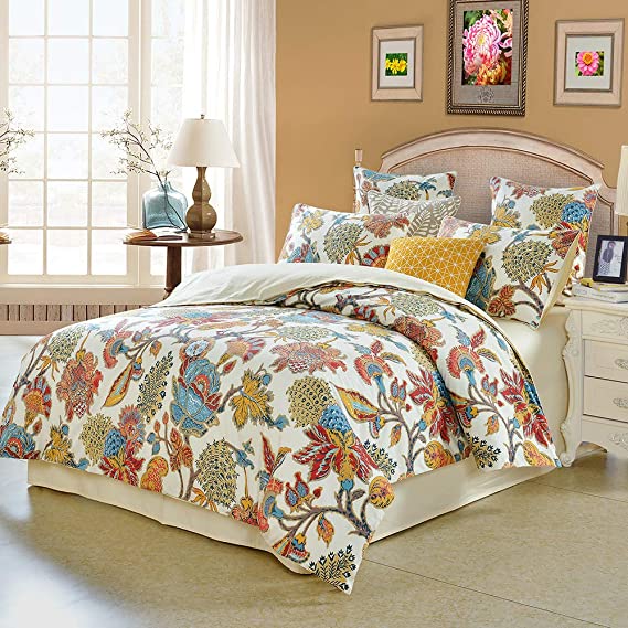 Softta California King Size Farmhouse Shabby Flower Colorful Red Orange Luxury Bohemian Damask Floral 3Pcs（1 Duvet Cover+ 2 Pillowcases/Shams 800 Thread Count 100% Egyptian Cotton Duvet Cover Set