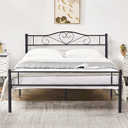 VECELO Metal Platform Bed Frame with Headboard & Footboard, Steel Slats Mattress Foundation, No Box Spring Needed, Queen, Matte Black