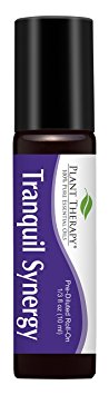 Plant Therapy Tranquil Synergy Pre-Diluted Essential Oil Roll-On. Ready to use! Blend of: Bergamot, Patchouli, Blood Orange, Ylang Ylang and Grapefruit in Fractionated Coconut Oil. 10 ml (1/3 oz).
