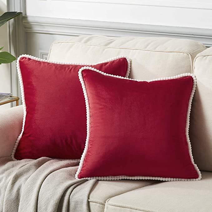 Fancy Homi Pack of 2 Red Velvet Decorative Throw Pillow Covers with Corduroy Edges, Solid Square Cushion Pillow Cases Set for Couch Sofa Bedroom Car Living Room (20x20 Inch/50x50 cm, Red)