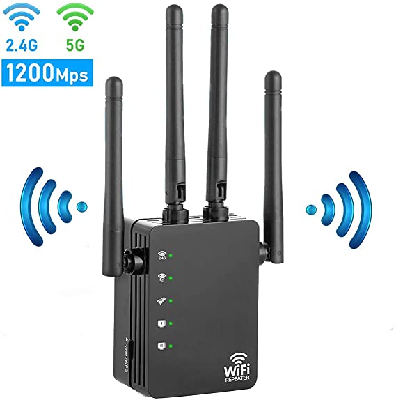 WiFi Range Extender, 1200Mbps Wireless Signal Repeater Booster, 2.4 and 5GHz Dual Band Signal Extender 4 External Antennas for Home WiFi Repeater, Support Access Point Mode(Black)