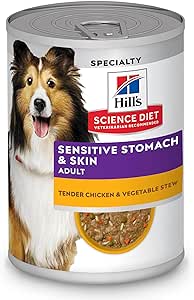 Hill's Science Diet Sensitive Stomach & Skin, Adult 1-6, Stomach & Skin Sensitivity Support, Wet Dog Food, Chicken & Vegetable Stew, 12.5 oz Can, Case of 12