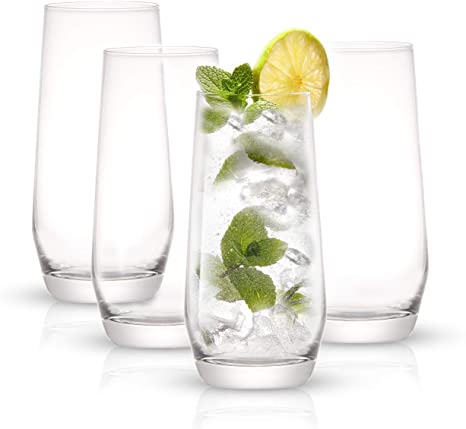 JoyJolt Gwen Highball Glasses Set of 4 Tall Drinking Glasses. 18oz Cocktail Glass Set. Lead-Free Crystal Glassware. Bourbon or Whiskey Glass Cup, Bar, Iced Tea, Water, Mojito and Tom Collins Glasses