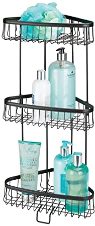 mDesign Metal 3-Tier Bathroom Corner Shower Shelf - Free Standing Vertical Unit Storage Shelves - for Organizing Soaps, Shampoos, Conditioner, Fash Face, Body Scrubs, Body Washes - Matte Black