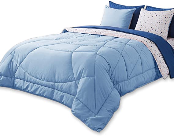 KASENTEX 7 Piece Bed in A Bag Premium Brushed Microfiber Comforter Bedding Set – Reversible with Down Alternative Filling and Attractive Colors, Full/Queen, Alaskan Blue