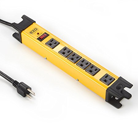 EZOPower 6 Outlet Industrial Safety Heavy-Duty Metal Housing Surge Protector Power Strip With Cord Management - 9ft