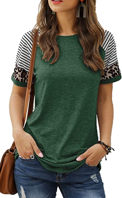 Sieanear Womens T Shirts Short Sleeve Striped Color Block Leopard Casual Tops