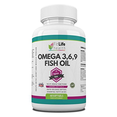Omega 3,6,9 1000mg Softgel Capsules By Fit Life Health - Top Quality Fish Oil Diet Supplement For Men & Women - Essential Fatty Acids DHA And EPA Help To Support Joints, Muscles And Brain - Also Recommended For Heart Health And Vision Improvements - 60 Capsules Provide Up To Two Months' Supply - Made in UK
