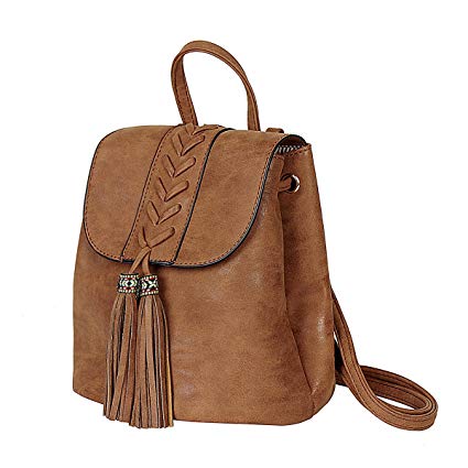 Lady Backpack Casual Rucksack for Women Bohemia Small Bag Waterproof PU with Tassel Vintage Ethnic Style Backpack for Traveling, Shopping, Dating, Party, Holidays (Brown)