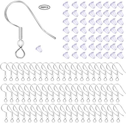 100 PCS/50 Pairs 925 Sterling Silver Earring Hooks Fish Hook Ear Wires French Wire Hooks Hypo-allergenic Jewelry Findings Earring Parts DIY Making With 100 PCS Clear Rubber Earring Safety Backs