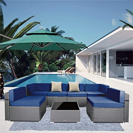 7 Pieces Outdoor Sectional Patio Furniture Set, PE Rattan Wicker Sofa Chair Set with Nylon Waterproof Cover, Washable Seat Cushions, 2 Pack Throw Pillows with YKK Zippers (Grey Wicker  Blue Cushion)