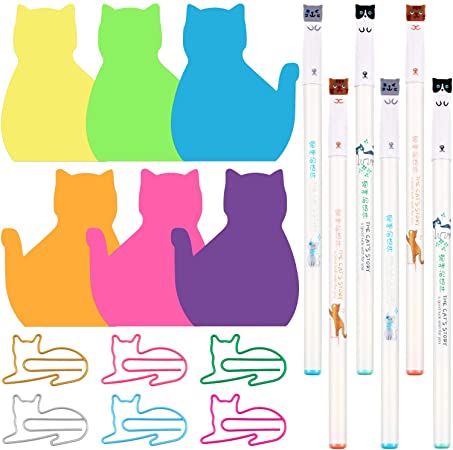 180 Sheets Cute Cat Sticky Notes, 60 Pieces Cat Paper Clips and 6 Pieces Creative Cat Gel Ink Pens for Home Office School Stationary Cat Lover Gifts