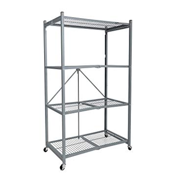 Origami General Purpose Collapsible Foldable 4-Shelf Large Heavy Duty Storage Rack with Wheels | Pre-Assembled, Shelves for Home Garage Business | Platinum
