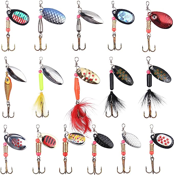 Vicloon Fishing Lures Set, 16 Pcs Fishing Baits Kit Fishing Lures Mixed Including Spinners, Jig hooks, Bait, Sequins Spinner Fishing Lures with Hook, Lifelike Rotating Metal Fishing Bait Set