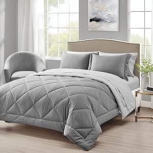 Love's cabin King Size Comforter Set Grey and Light Grey, 7 Pieces King Bed in a Bag, All Season King Bedding Sets with 1 Comforter, 1 Flat Sheet, 1 Fitted Sheet, 2 Pillowcase and 2 Pillow Sham