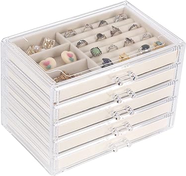 Cq acrylic Jewelry Organizer with 5 Drawers Clear Acrylic Jewelry Box Gift for Women Mens kids and Little Girl Stackable Velvet Earring Display Holder for Earrings Ring Bracelet Necklace Holder,Beige