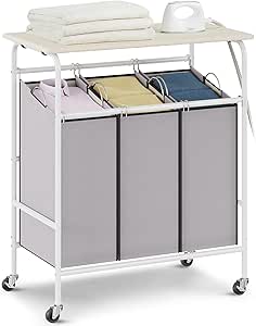 VEVOR 3-Section Laundry Sorter Cart with Ironing Board, Laundry Hamper with Heavy Duty Lockable Wheels and 3 Removable Bag, Rolling Laundry Basket Sorter for Clothes Storage